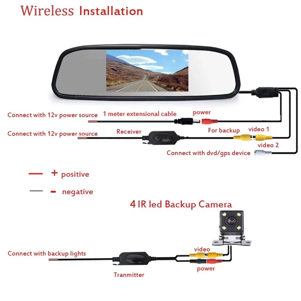 Подключение зеркала монитора с камерой заднего Podofo New 4.3" Digital LCD Car Rear View Mirror Wireless Parking Assistance Sys