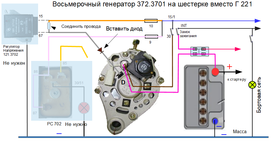 Подключение жигулевского генератора Восьмерочный генератор 372.3701, ставим вместо Г221 на "шестерку" - Схемы автомо