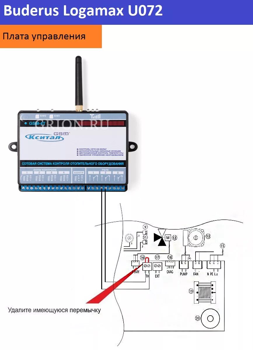 Подключение zont к котлу buderus Схема подключения котла Buderus Logamax U072 к модулю Кситал GSM