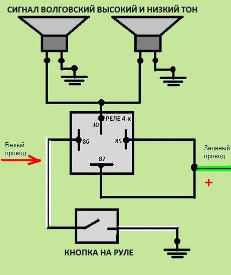 Подключение звукового сигнала через реле схема Схема подключения волговского сигнала