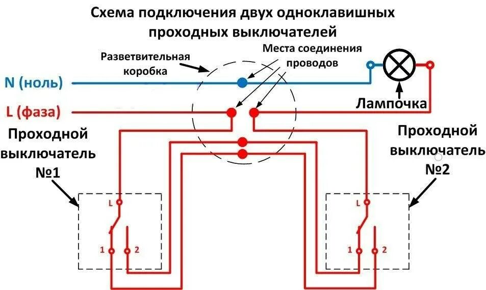 Подключения 3 место проходной двухклавишный выключатель Схема подключения проходного выключателя с 2х мест