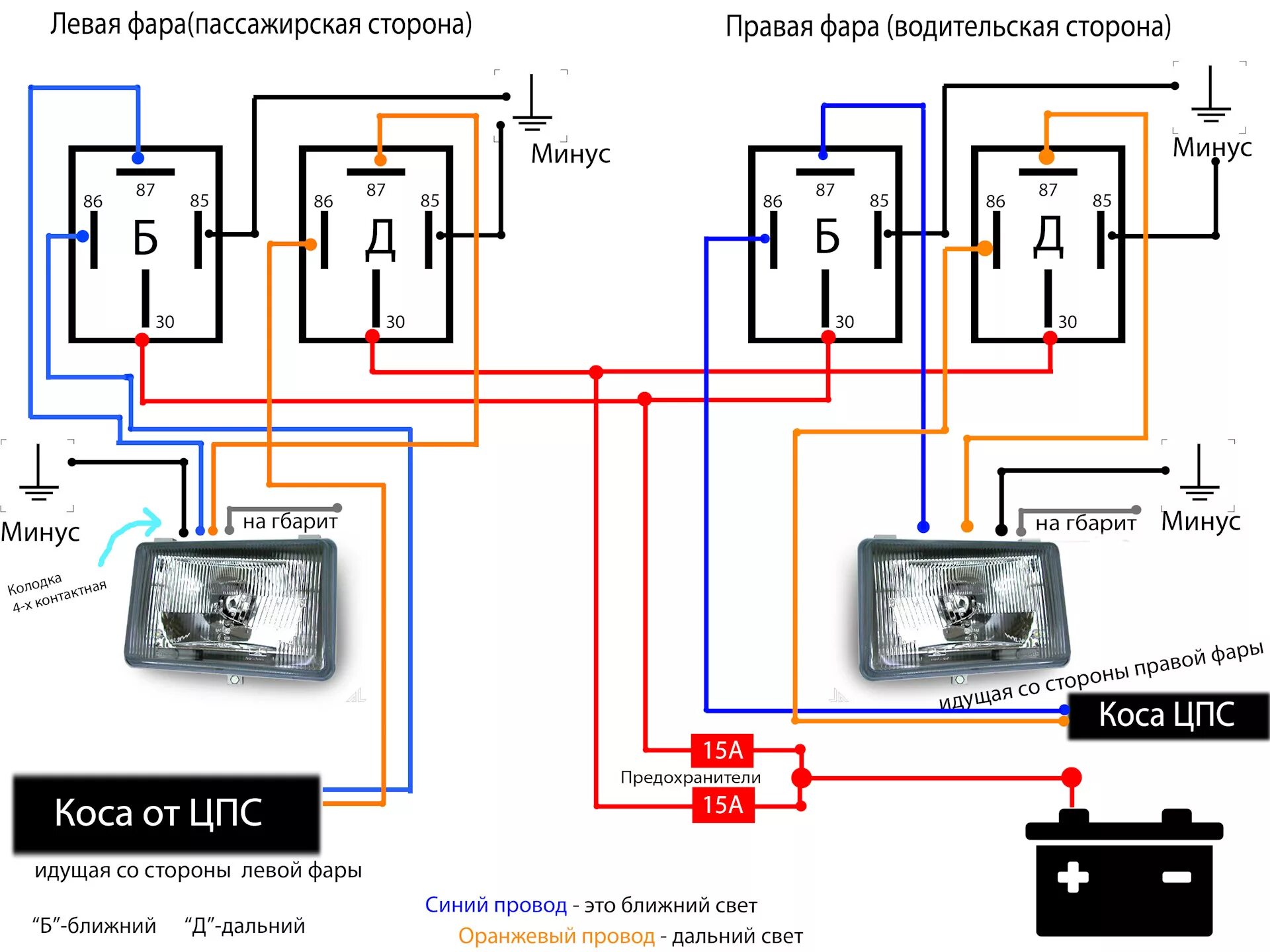 Подключения ближнего света фар через реле Схема разгрузки ЦПС (Центрального переключателя света) на основе 4-х реле - ГАЗ 