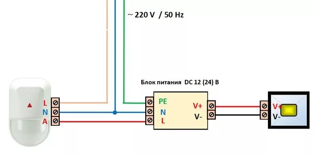 Подключения датчика движения 4 провода Как подключить датчик движения к светодиодному прожектору - возможные схемы комм