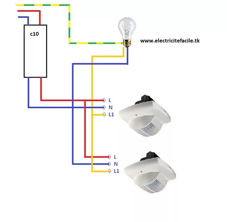 Подключения датчика движения с проходным выключателем Si vous voulez en savoir plus sur: schéma electrique simple détecteur de mouveme