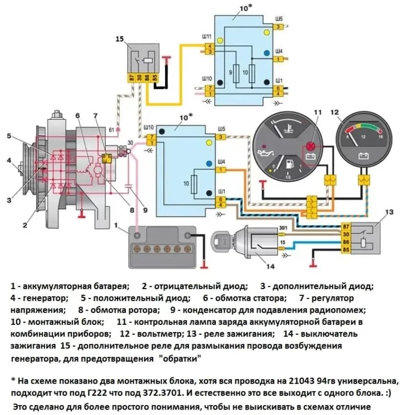 Подключения контрольной лампы генератора Схема подключения генератора ВАЗ 2107, 2106, 2105, 2101, 2110, 2109, Нива и т.д.