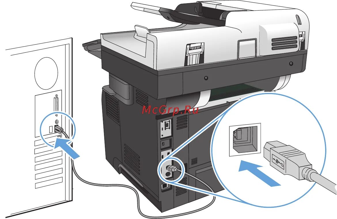 Подключения многофункционального устройства HP LASERJET ENTERPRISE 500 M525F 29/302 Присоединение устройства к компьютеру пр