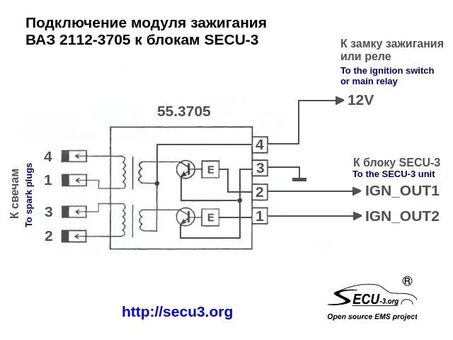 Подключения модуля зажигания ваз 2110 Подключение модуля зажигания 55.3705 к SECU-3 - DRIVE2