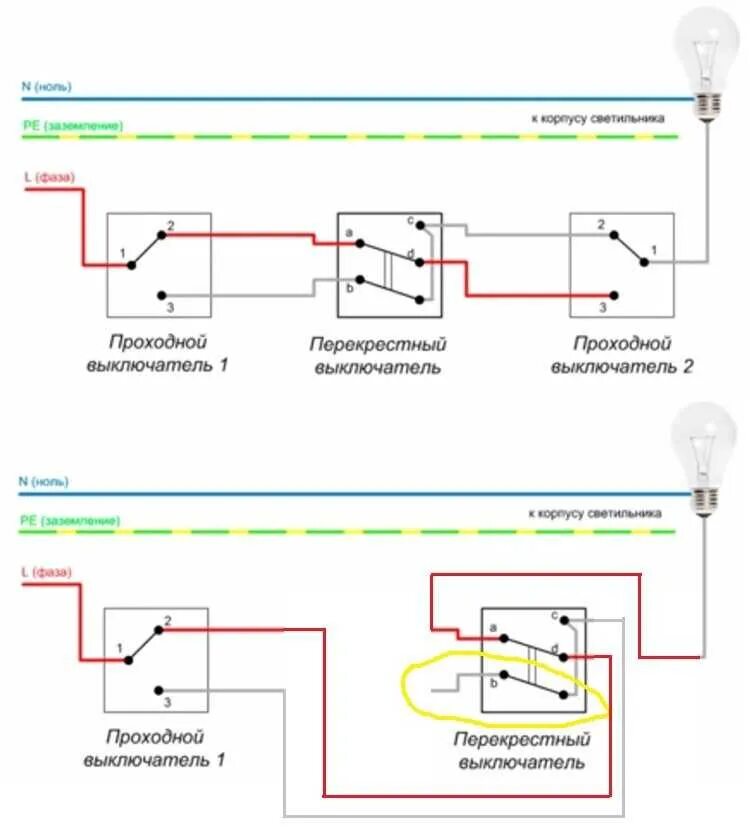 Схема подключения и нюансы монтажа перекрестного выключателя