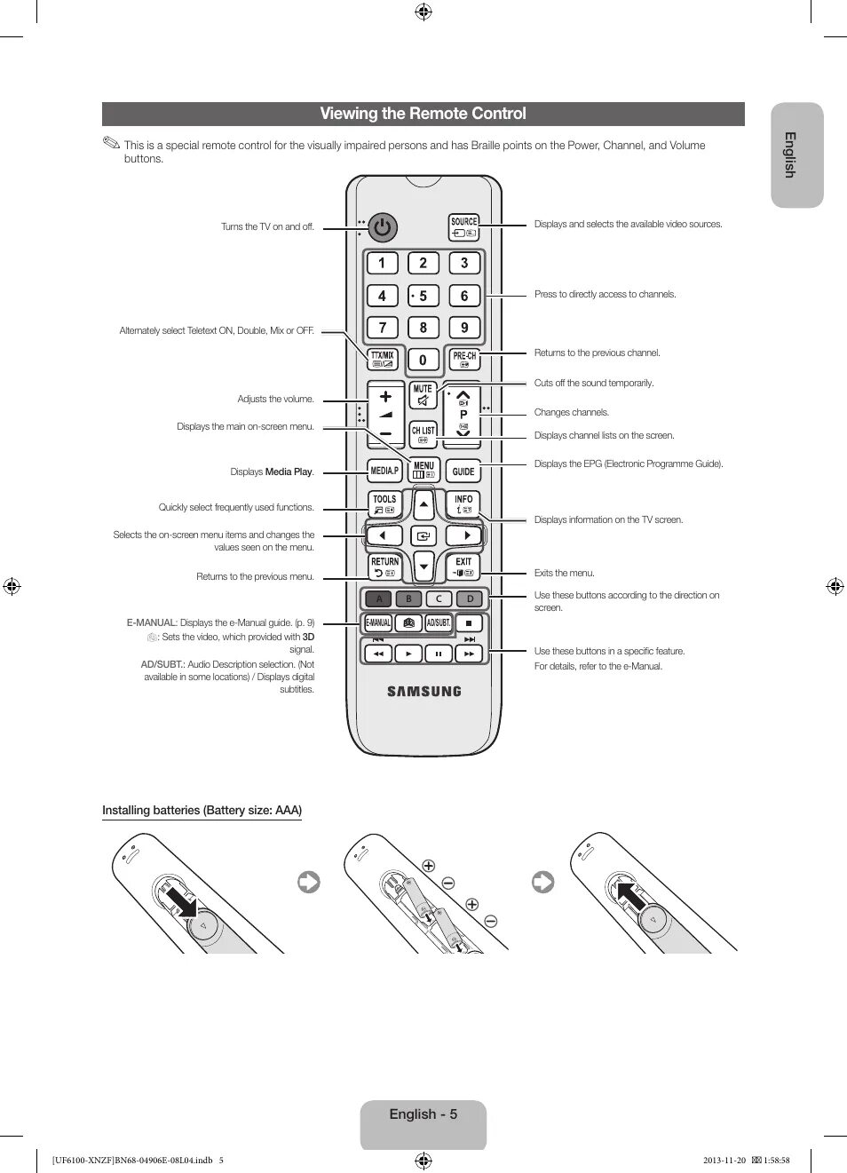 Подключения пульта к телевизору самсунг Viewing the remote control Samsung UE40F6100AW User Manual Page 5 / 81