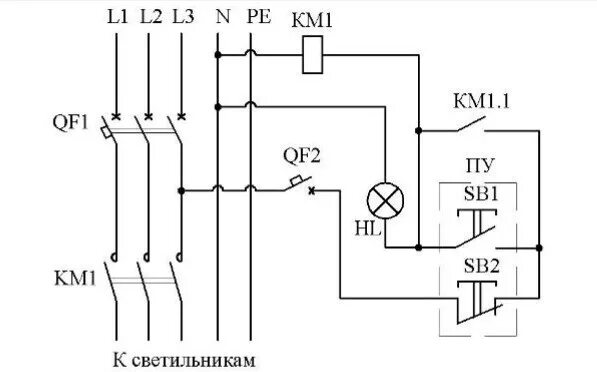 Подключения пускателя с лампочками Ответы Mail.ru: Схема на контакторах для освещения