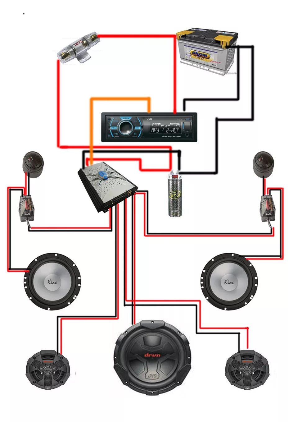 Подключить магнитолу к усилителю схема Схема акустики в моем автомобиле! - Lada Гранта, 1,6 л, 2012 года автозвук DRIVE