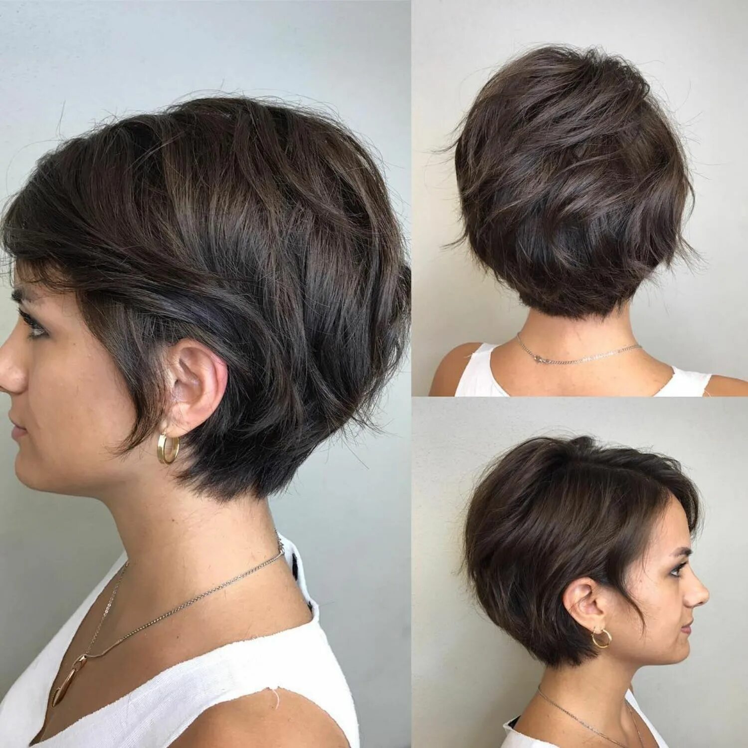 Поднятые короткие стрижки Cute Textured Brunette Pixie-Bob Ideias de cabelo, Cabelo curto feminino, Cabelo