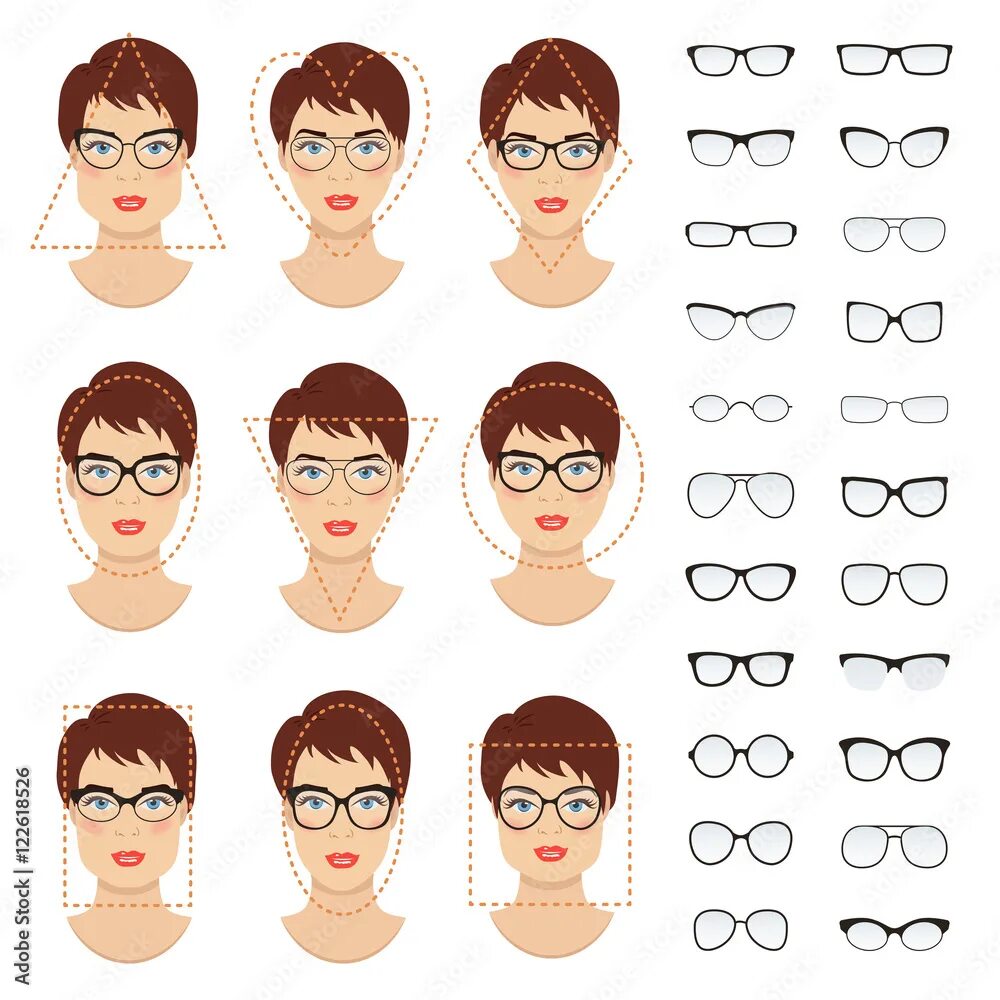 Подобрать очки онлайн по фото бесплатно Woman eyeglasses shapes for different women face types - square, triangle, circl