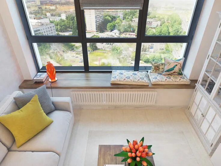 Подоконник в гостиной фото Эксплуатируемый деревянный подоконник в уютной квартире в скандинавском стиле от