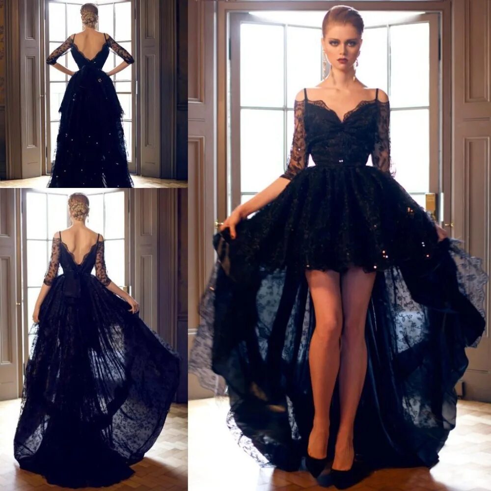 Подол фото платья 2019 Black Half Long Sleeves High Low Prom Dresses Lace Formal Vestidos De Festa