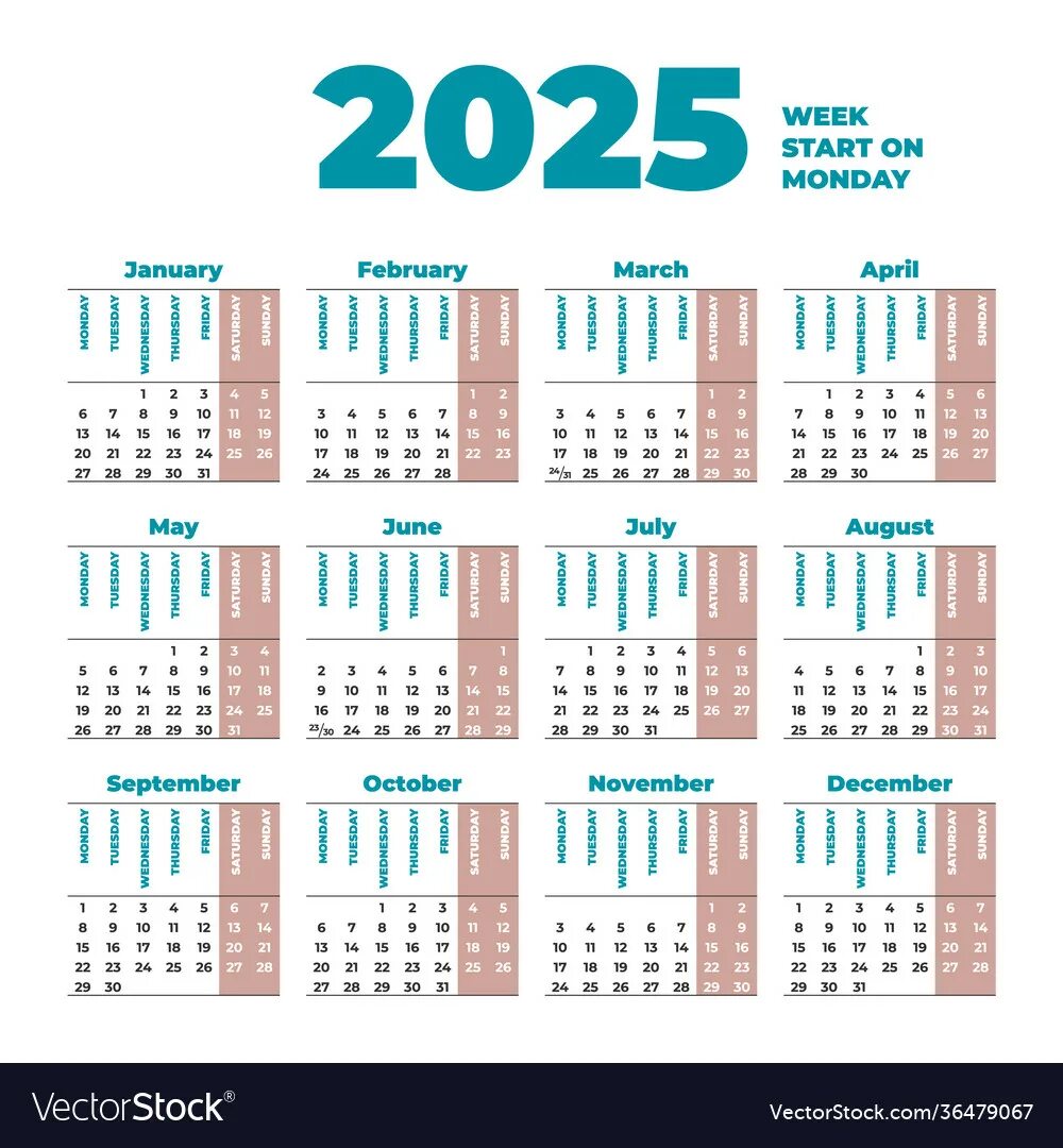 Подписан ли производственный календарь на 2025 год 2025 calendar template with weeks start on monday Vector Image