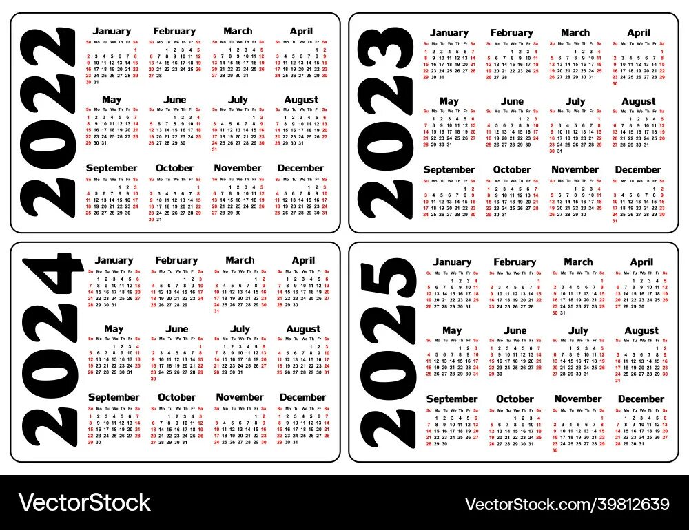 Подписанный производственный календарь на 2025 год Calendar for 2022 - 2025 Royalty Free Vector Image