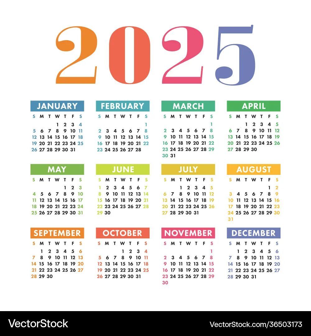 Подписанный производственный календарь на 2025 год Calendar 2025 year english colorful square wall Vector Image