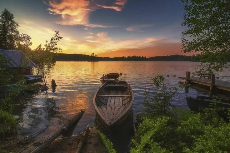 Подписать фото на озере Two Boats and a Trunk Landscape, Nature photography, Sunset