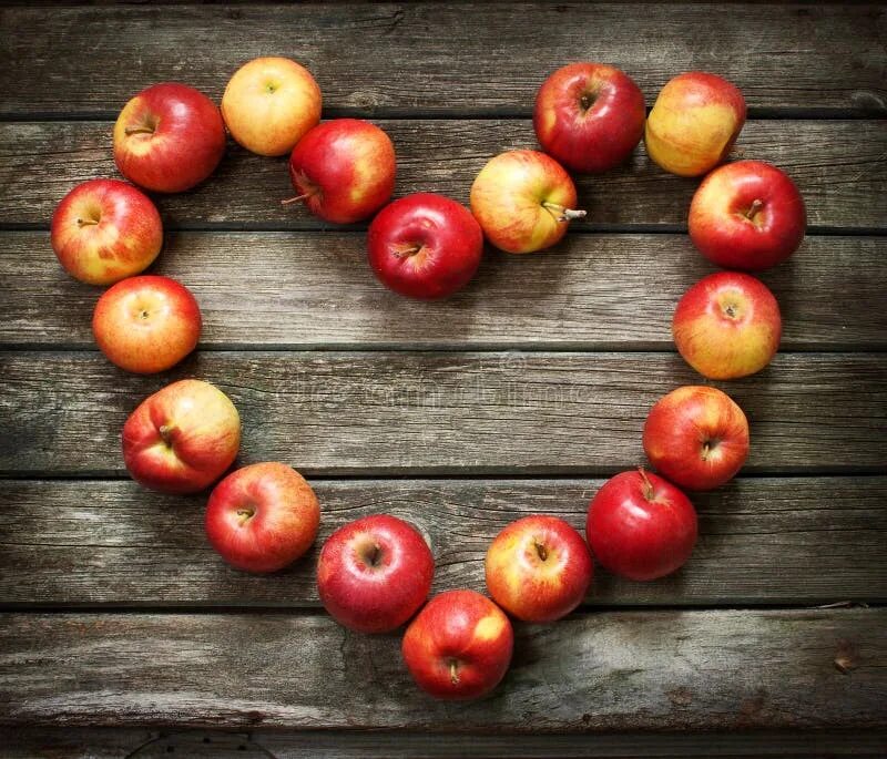 Подписать фото с яблоками Red Apples Heart Wooden Background Love Concept Vintage Stock Photos - Free & Ro