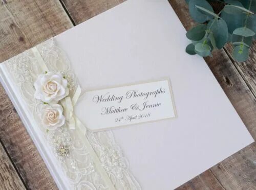 Подписать красиво фото свадьбы Personalised Wedding Photograph Album - Vintage Style Lace, Rose & Jewel Design.