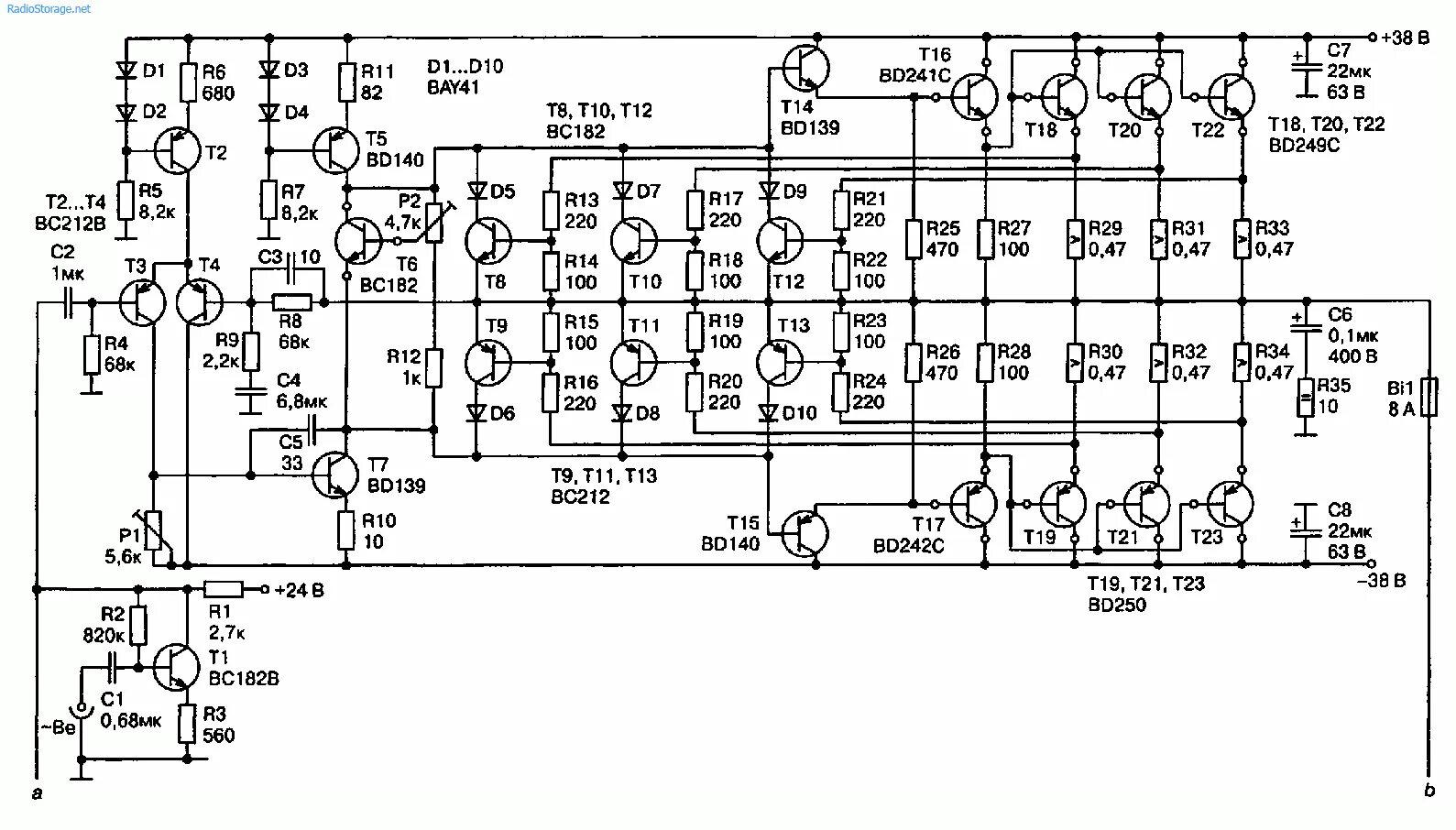 Подробная схема усилителя Мостовой 240-ваттный эстрадный УНЧ