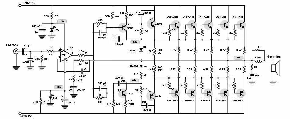 Подробная схема усилителя Image result for hybrid amplifier circuit Amplificador de áudio, Amplificador, D