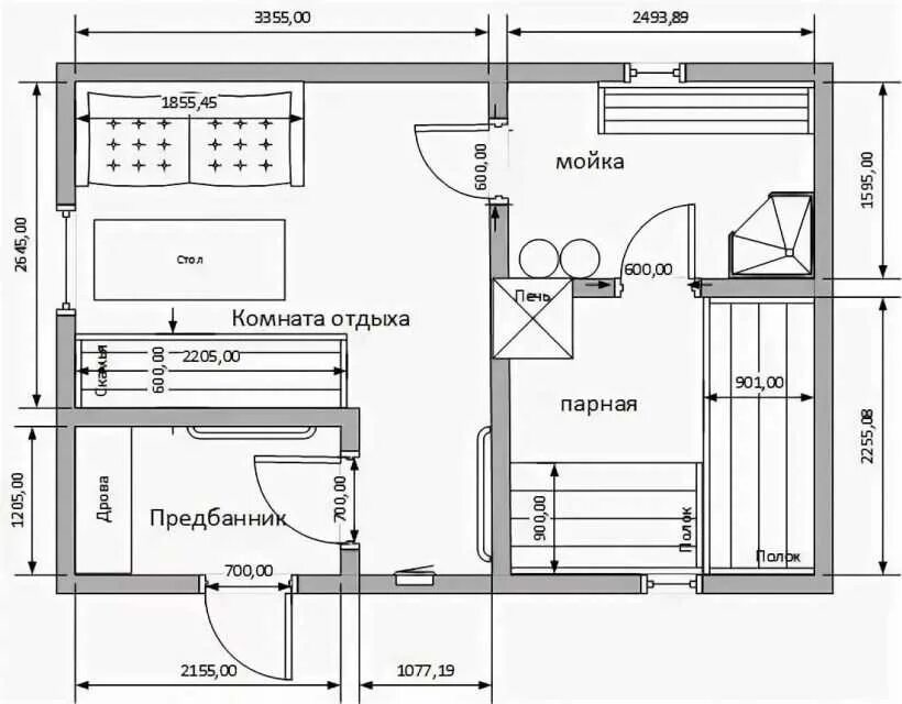 Подробные чертежи бани План бани с комнатой отдыха, отдельной парилкой и мойкой