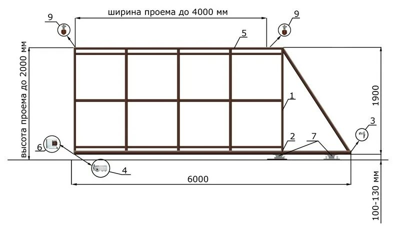 Подробный чертеж откатных ворот Каркас откатных ворот КОРН серии ЭКО-СТ, купить в Красноярске, размер