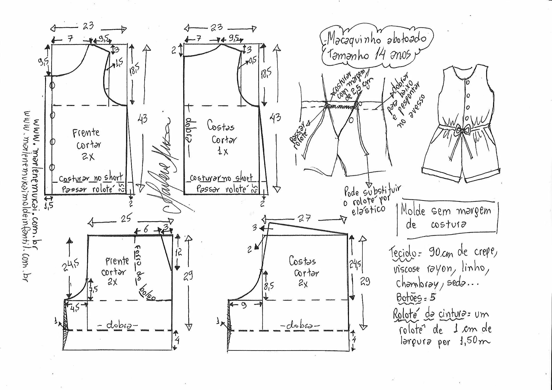Подростковые выкройки бесплатно MARLENEMUKAI.COM.BR macaquinho-abotoado-barra-dobrada TAM14 Выкройка детского ко