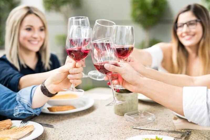 Подруги вино фото Friends Raising Their Wine Glasses for a Toast Stock Image - Image of food, outd