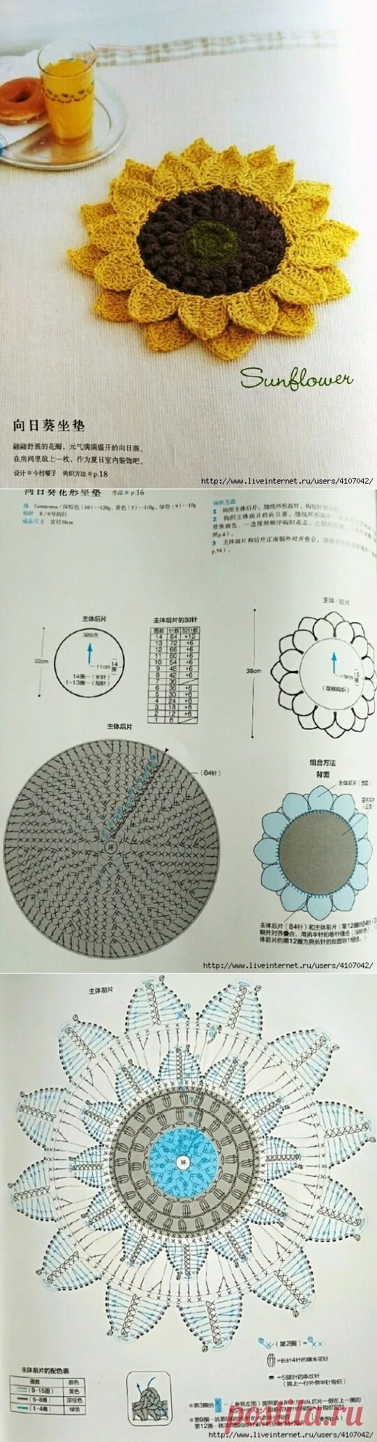 Подсолнух крючком схема КОВРИК - СИДУШКА 'ПОДСОЛНУХ'. КРЮЧОК. крючком Постила