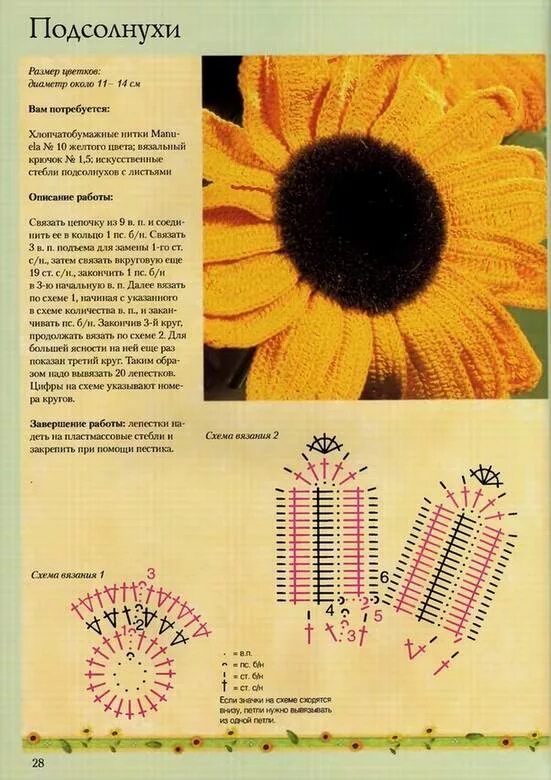 Подсолнух связанный крючком схема Иллюстрация 25 из 32 для Вязаные цветы и плоды: Цветные схемы. Техника вязания -