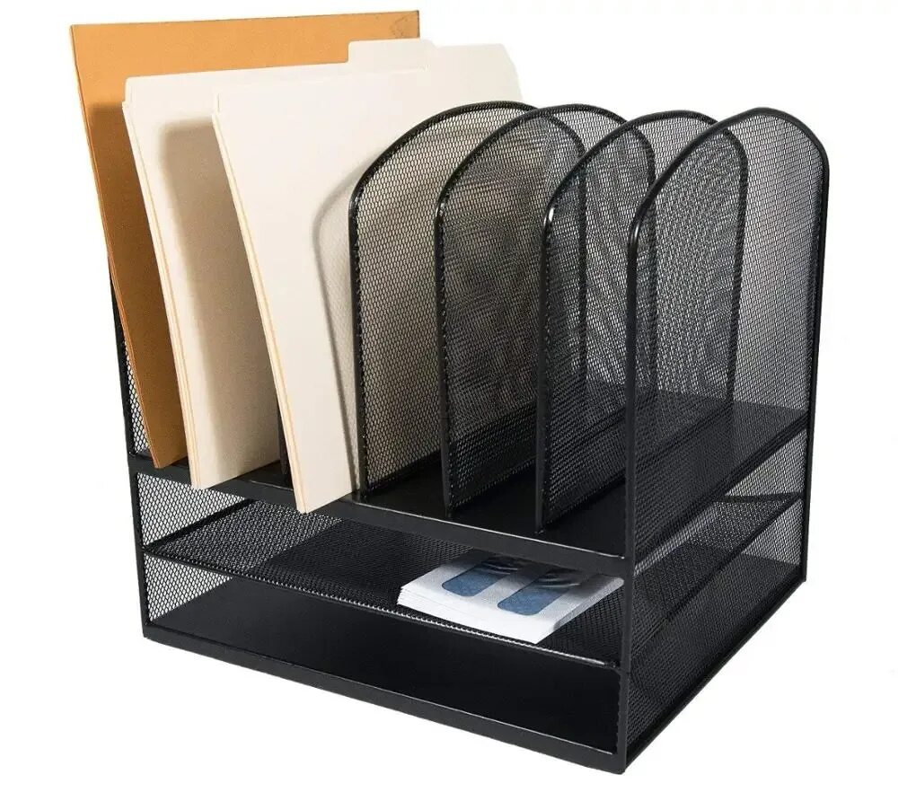 Подставка для бумаг фото Mesh Desktop Organizer Office Bestand Houder met 2 Lade/6 Sorter, Zwarte Poederc