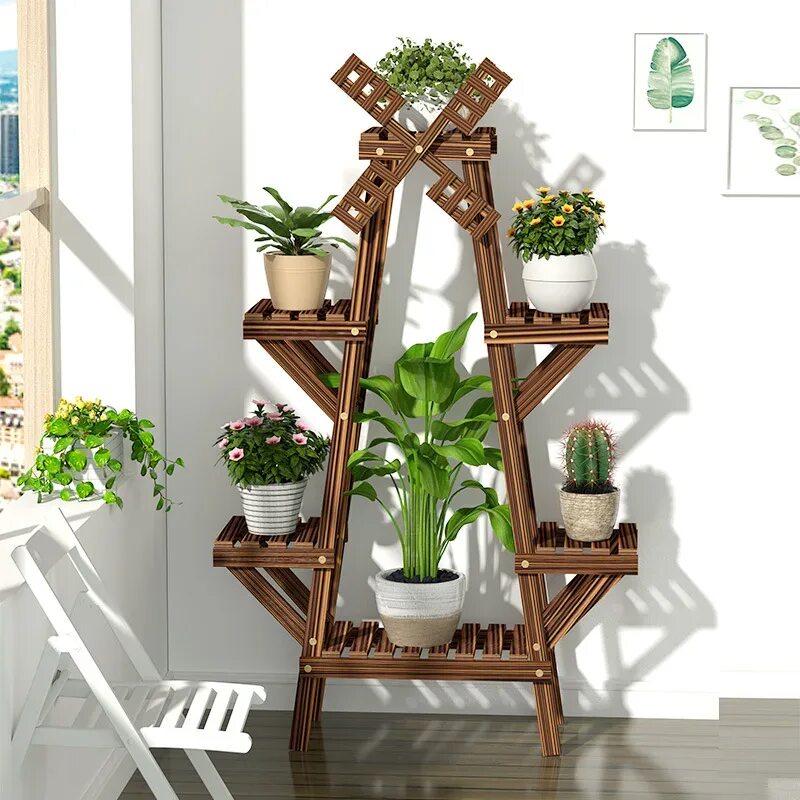 Подставка для цветов из дерева фото Vintage Wood Plant Stand Balcony Flower Pot Ladder Shelf Outdoor Garden Stand Pl