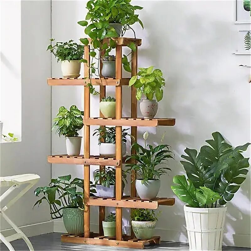 Подставка для цветов из дерева напольная фото Reinforced 52" Tall 6 Tier Wood Plant Stand Corner Shelf Flower Rack Garden Home