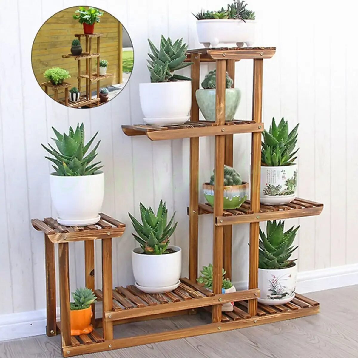 Подставки под цветы напольные деревянные современные фото 5 Tier Indoor Outdoor Wooden Plant Flower Shelf Stand Garden FlowerPlanter Rack 