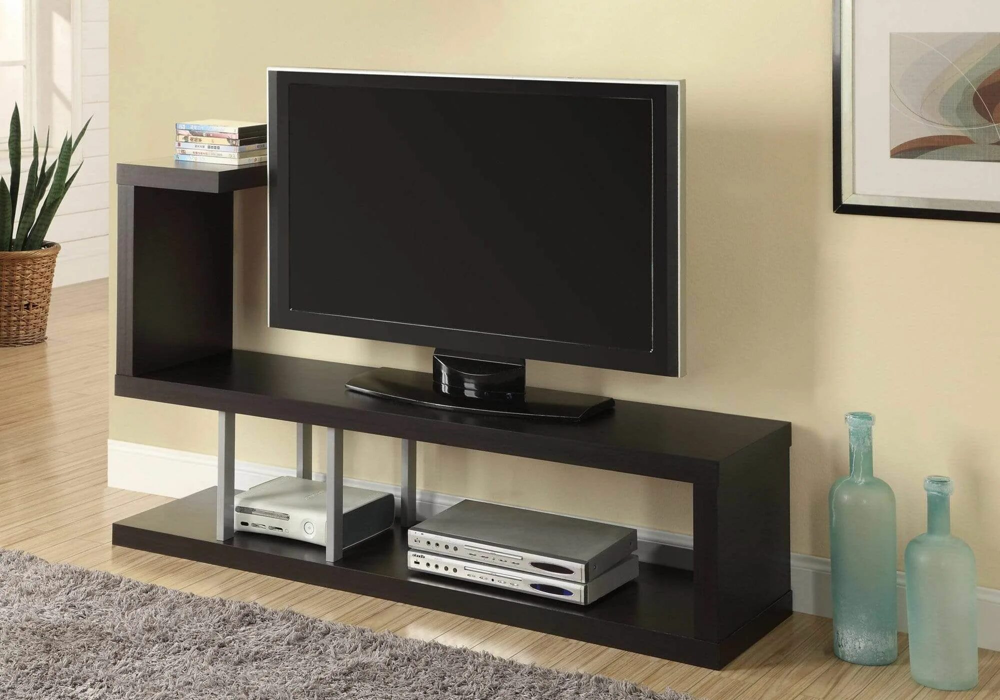 Подставки под телевизор напольные современные фото Modern TV Stand - 35.25" Cappuccino Particle Board, Hollow Core, and Silver Meta