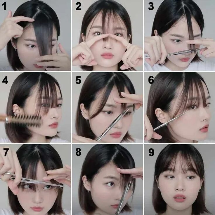 Подстричь челку самостоятельно шторку пошагово с фото Pin on uñas How to cut bangs, Hair style korea, How to style bangs