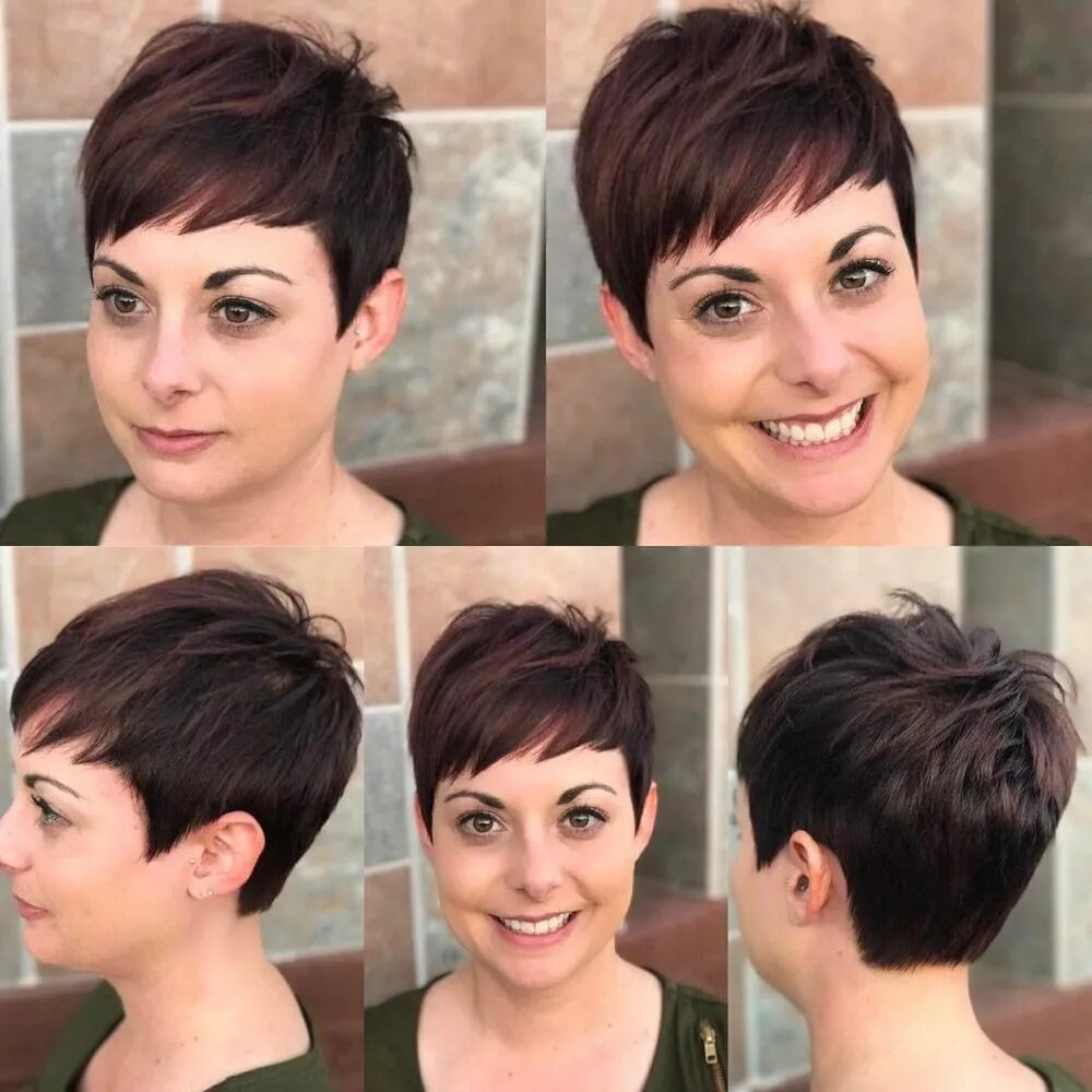 Подстричь короткую прическу Warm Brunette Textured Pixie Crop with Choppy Asymmetrical Bangs Hair color idea