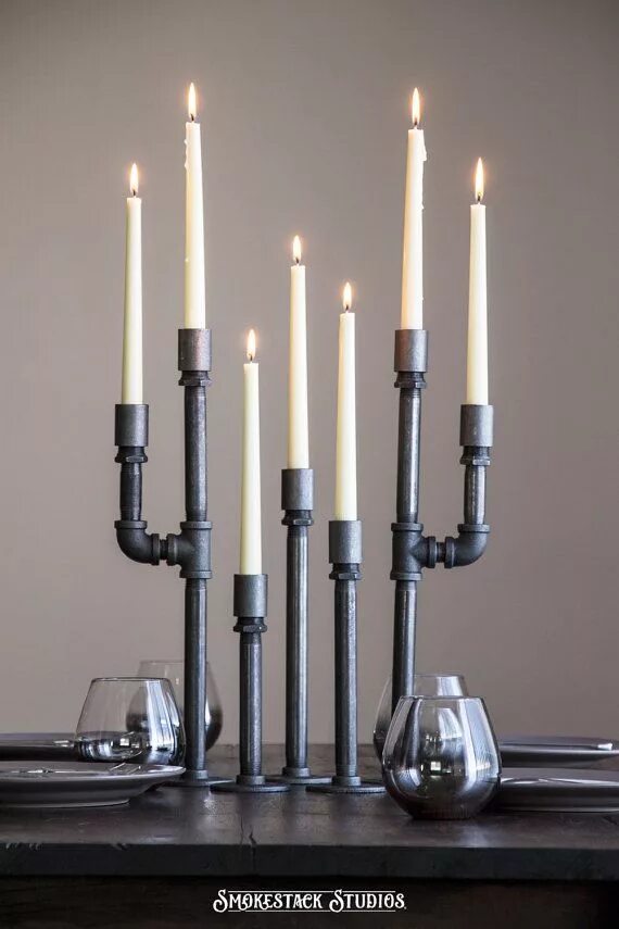 Подсвечник в стиле лофт Pipe Candelabra Taper Set - Taper Candle Holders - Industrial Chic Decor - Metal