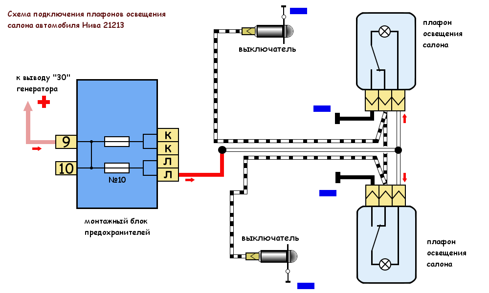 Подсветка номера ваз схема подключения Схема подключения освещения салона Нива 21213