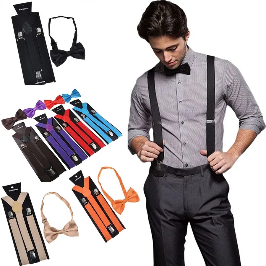 Подтяжки и бабочка фото Bow Tie Suspenders Set Adjustable Elastic Wedding Belt Strap Shirts Brace For Me