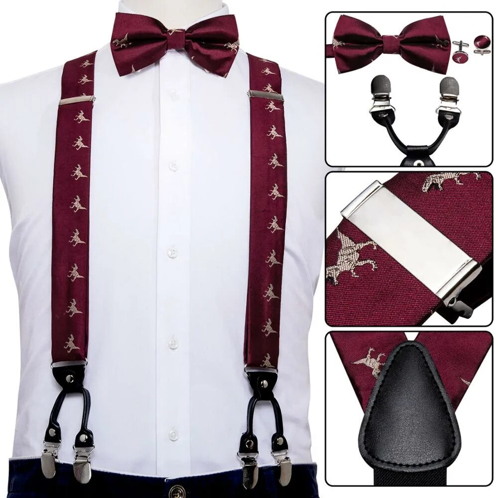 Подтяжки и бабочка фото Men Suspender Set Red Silk Bowtie Dinosaur Silk Tie 6 Clips Waist Belt Braces Vi