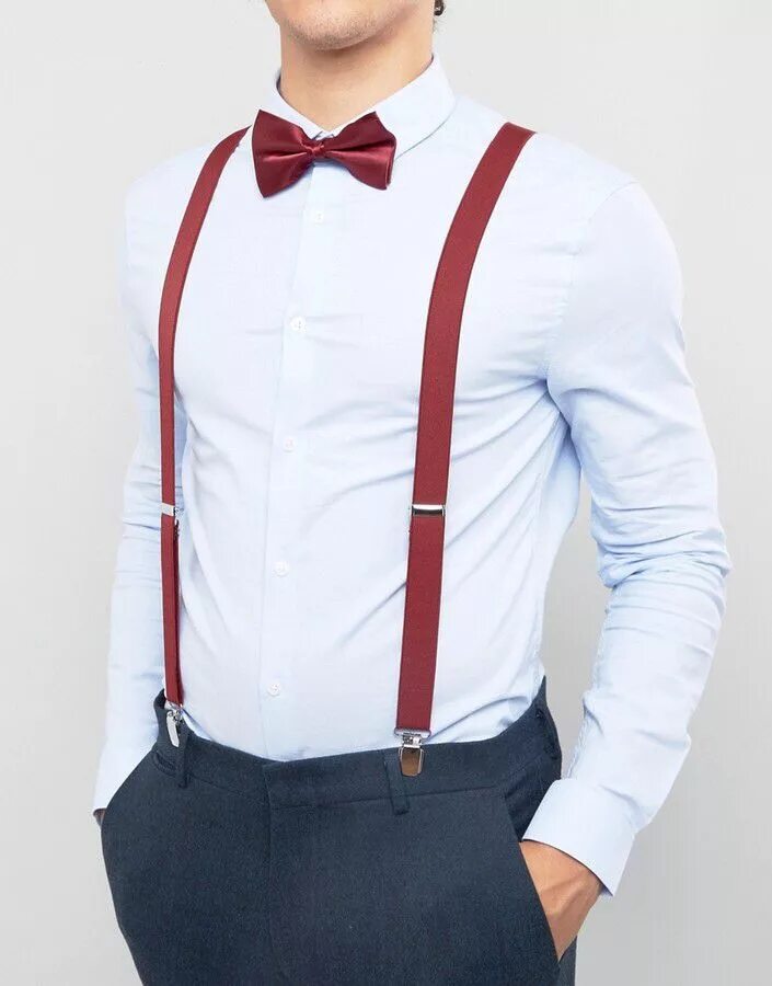 Подтяжки и бабочка фото ASOS Wedding Bow Tie And Suspenders Gift Set In Burgundy Bow tie wedding, Weddin