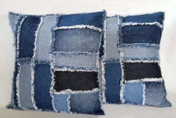 Подушки из джинсы фото Denim Pillow Set Handmade with Recycled Soft Multi Colored Blue Jean Denim in a 