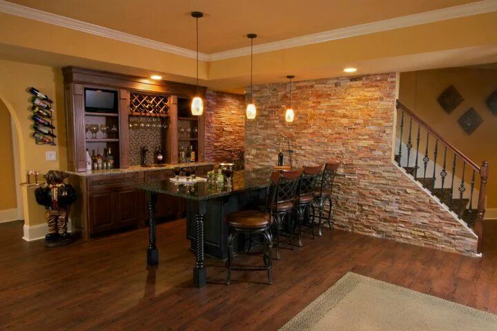 Подвал в частном доме фото варианты Basement Bar -Stack Stone -Iron Spindles -Hardwood Flooring -Custom Bar -Custom 