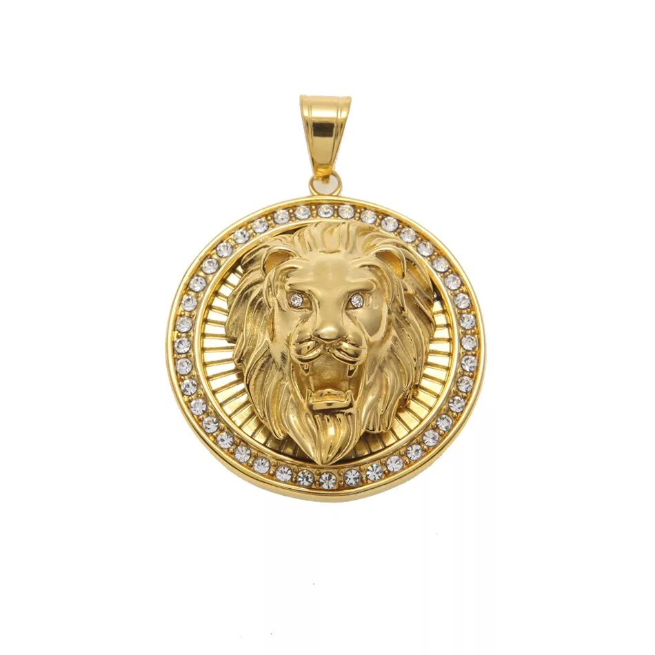 Подвеска лев фото UWIN Men Hip hop Round Lion head Pendant Stainless Steel Iced Out Rhinestone Ani