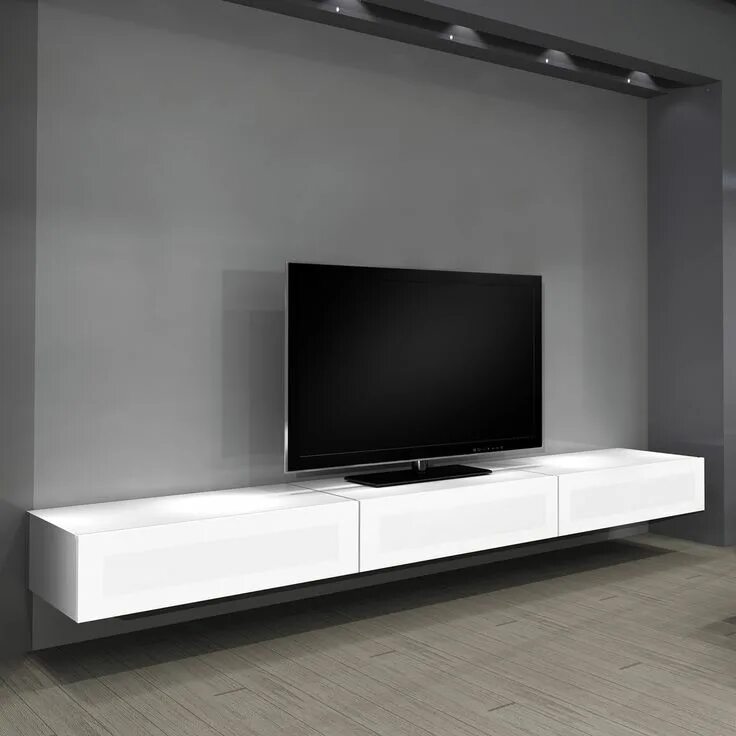 Подвесная полка под телевизор на стену фото Long Simple White Wall Mounted Tv Cabinet With White Stained Wooden Drawer And B