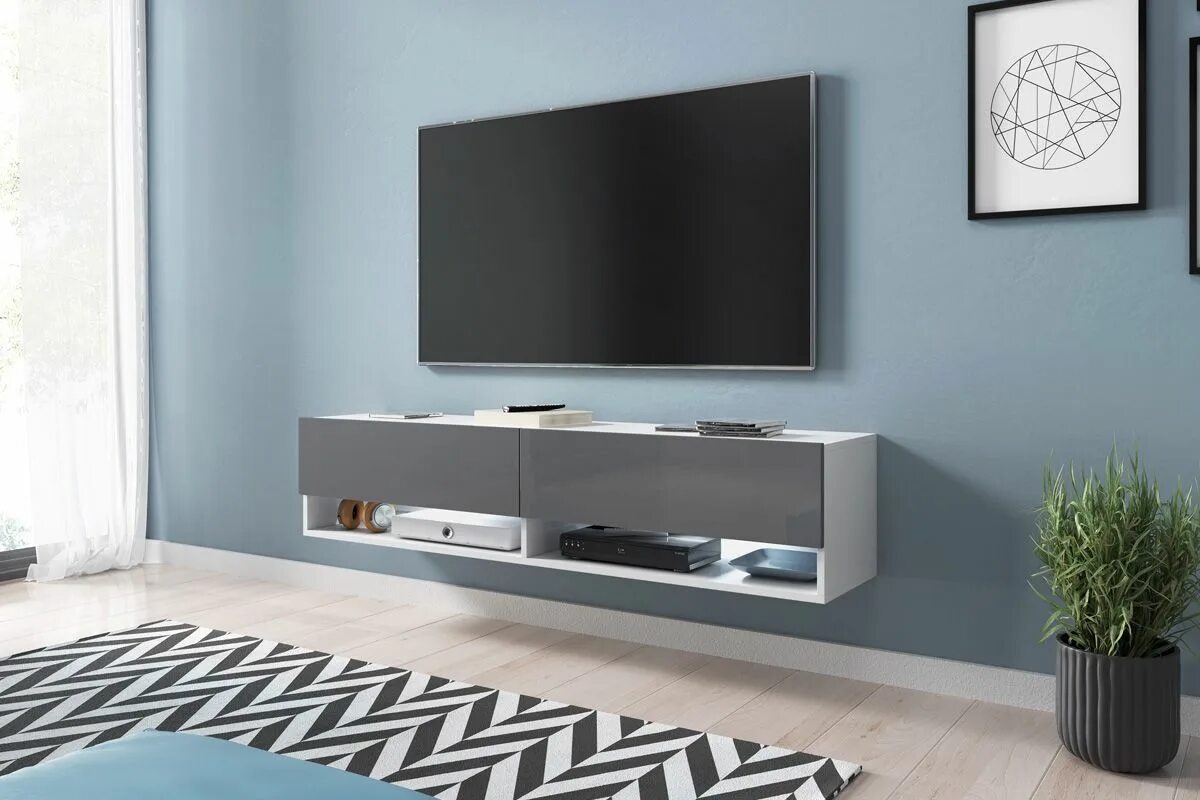 Подвесная тумба в интерьере гостиной Selsey sel-wander-1400-wht-gry-led TV Stands